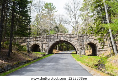 Carriage Road, stone arch bridge near Stanley Brook at Acadia National Park in Maine