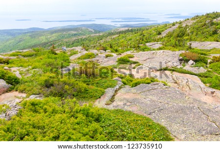 Atlantic Ocean coastal islands from Cadillac Mountain  at Acadia National Park in Maine