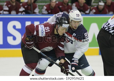 MINSK, BELARUS - MAY 15: Latvia defeated USA 6-5 during the IIHF World Championship match between USA and Latvia at Minsk Arena on May 15, 2014 in Minsk, Belarus.