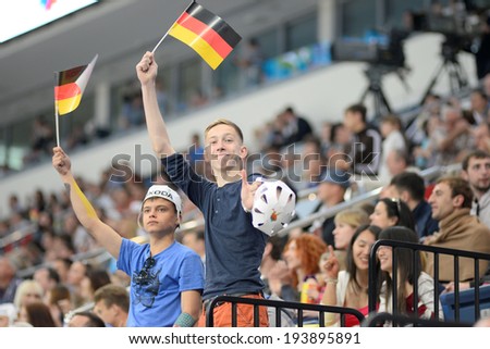 MINSK, BELARUS - MAY 20: Fans of Germany celebrate during 2014 IIHF World Ice Hockey Championship match on May 20, 2014 in Minsk, Belarus