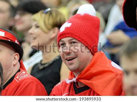 MINSK, BELARUS - MAY 20: Fans of Switzerland during 2014 IIHF World Ice Hockey Championship match on May 20, 2014 in Minsk, Belarus