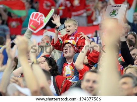 MINSK, BELARUS - MAY 22: Fans of Belarus celebrates during 2014 IIHF World Ice Hockey Championship quarterfinal match on May 22, 2014 in Minsk, Belarus.