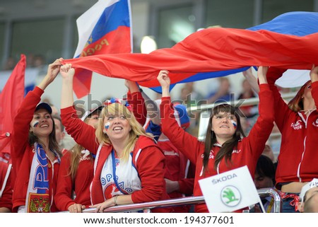 MINSK, BELARUS - MAY 22: Fans of Russia celebrates during 2014 IIHF World Ice Hockey Championship quarterfinal match on May 22, 2014 in Minsk, Belarus.