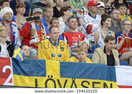 MINSK, BELARUS - MAY 24: Fans of Sweden looks dejected during 2014 IIHF World Ice Hockey Championship semifinal match at Minsk Arena on May 24, 2014 in Minsk, Belarus.