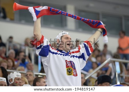 MINSK, BELARUS - MAY 25: Fans of Czech Republic during 2014 IIHF World Ice Hockey Championship match at Minsk Arena