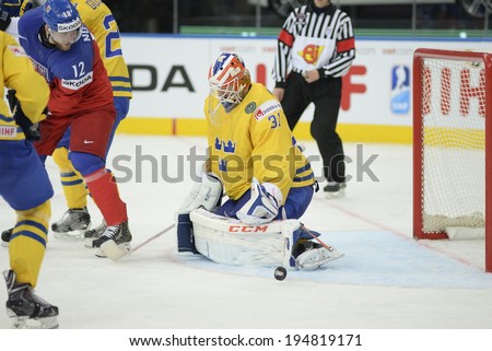 MINSK, BELARUS - MAY 25: NILSSON Anders(31) of Sweden during 2014 IIHF World Ice Hockey Championship match at Minsk Arena