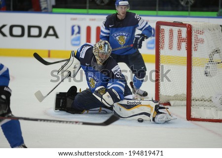 MINSK, BELARUS - MAY 25: RINNE Pekka (35) of Finland saves the puck during 2014 IIHF World Ice Hockey Championship final at Minsk Arena