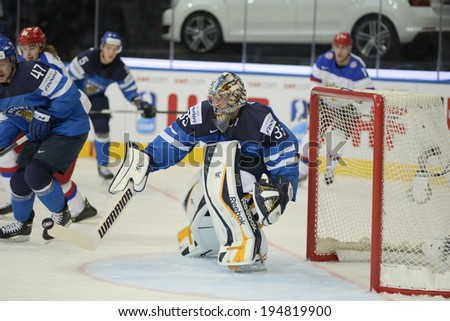MINSK, BELARUS - MAY 25: RINNE Pekka (35) of Finland during 2014 IIHF World Ice Hockey Championship final at Minsk Arena