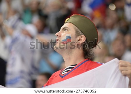 MINSK, BELARUS - MAY 20: Fan of Russia and Belarus during 2014 IIHF World Ice Hockey Championship match at Minsk Arena on May 20, 2014 in Minsk, Belarus.