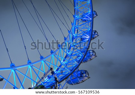London Eye panoramic wheel close up at dramatic sky with light pollution middle angle shoot, long exposure