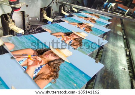 offset machine press print run at table, Publish magazine at automatic stitching unit
