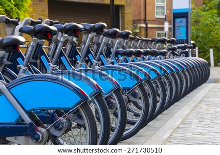 City Bike Rental - Stock Image, a row of bikes for hire as part of a new scheme to encourage \