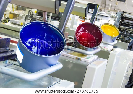 printing machine cylinders and printing ink pot with cyan red yellow color