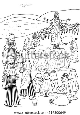 Jesus teaches at Genezareth Lake - black and white illustration - with stripped dresses