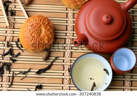 Festival moon cake and hot tea - Chinese cake