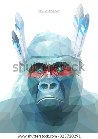 Colorful monkey illustration.  Background with wild animal. Low poly gorilla with feathers.Native American monkey.