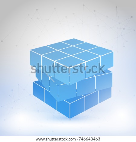 Cubic constructed of many blocks. Isometric cubes for 3d designing. Mathematical object with mental trick. Optical illusion of brain. Symbol with three dimensional effect.