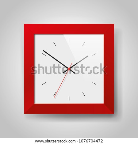 Simple realistic Clock in squre red frame on light gray background. Watch on the wall. Vector design object