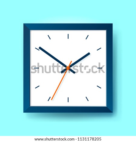 Simple realistic Clock in squre blue frame on color background. Watch on the wall. Vector design object