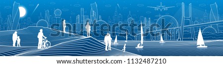 City infrastructure panoramic illustration. Big bridge across the river. People at shore. Sailing yachts on sea. White lines on blue background. Vector design art