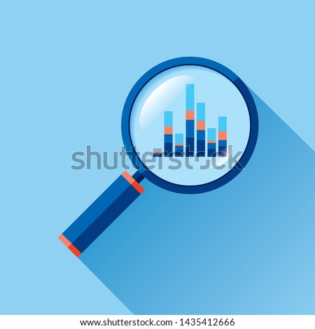 Magnifying glass icon in flat style. Search loupe on color background. Business analytic charts illustration. Vector design object for you project 