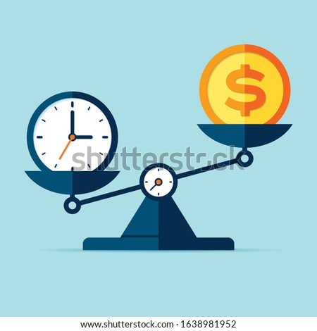 Time is money. Scales icon in flat style. Libra symbol, balance sign. Time management. Dollar and time icons. Vector design element for you project on color background