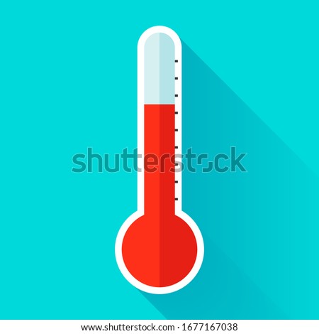 Hot Thermometer in flat style, high
temperature, design object on color background. Vector design element 