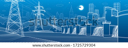 Hydro power plant. River Dam. Energy station. Power lines. People at shore. City infrastructure industrial panorama. Urban life. White outline on blue background. Vector design art ストックフォト © 