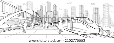 Transport infrastructure panorama, people waiting for train on railway station, locomotive move, pedestrian bridge, modern city on background, business buildings, urban skyline. Black vector outlines