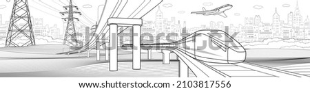 Infrastructure and transport illustration. Car overpass. Train rides. Airplane fly. City skyline. Urban cityscape. Black outline on white background. Vector design art. 