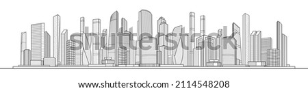 Modern town. Urban city complex. Business center. Citycape pamorama. Infrastructure outlines illustration. Black outlines on white background. Vector design art