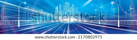 Night highway. Neon Glow City illustration. Train rides on bridge. Big road in desert. Mounrains and turbines at background. White outlines panorama,  vector design art 