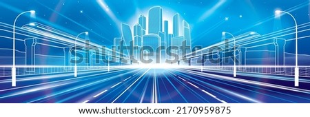 Night highway. Neon Glow City. Business town illustration. Trains rides on bridges. Big road in desert. Mounrains at background. White outlines panorama,  vector design art 