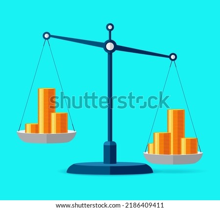 A pile of coins outweighed another. Money icons on scales in flat style. Libra symbol, balance sign. Vector business elements for your project