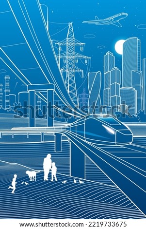 Outline city illustration. Railroad bridge. Car overpass. Train rides. City Infrastructure and transport image. Urban scene. Vector design art. White lines on blue background