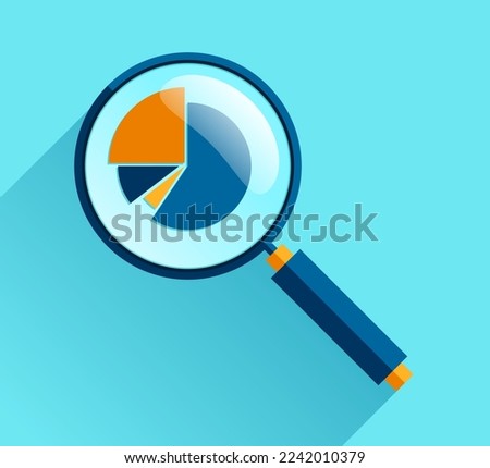 Magnifying glass icon in flat style. Search loupe and diagrams on color background. Zoom progress chart. Business analytic illustration. Vector design object for you project 
