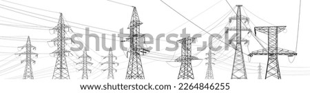 High voltage transmission systems. Electric pole. Power lines. Energy pylons. Black outlines image. A network of interconnected electrical. Vector design illustration