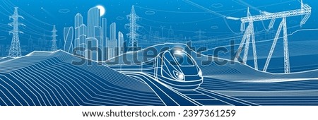 Modern night town. Train rides. Power lines. City Infrastructure and transport illustration. Urban scene. Vector design art. White outlines on blue background