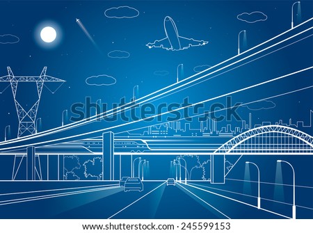 Car overpass, infrastructure, urban plot, the plane takes off