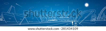 Industrial cargo port panorama, vector lines landscape, night city, ships on the water