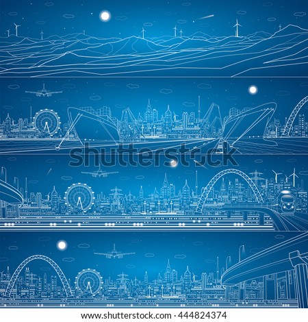 Vector industrial and transportation panoramic mega set, cargo port, night city, train on the bridge, vector lines landscape, night city, airplane fly, vector design art