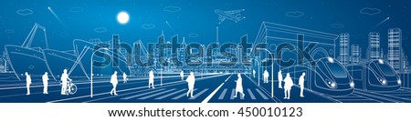 Mega infrastructure city panorama, train railway station, people walking on street, industrial and transportation illustration, night town, airplane flying, cargo port, vector design art