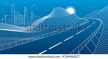 Highway in mountains, night scene, neon city and business buildings on background, white lines landscape, vector design art