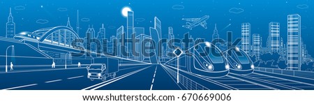 Locomotive rides on bridge. Truck driving to highway. Two trains. People walking. Urban infrastructure, modern city on background, towers and skyscrapers, airplane fly. Vector design art 