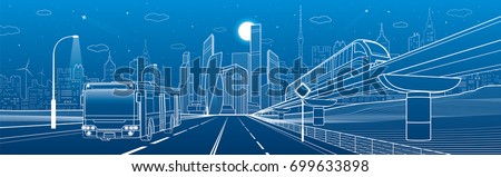 City infrastructure transport panorama. Monorail railway. Train move over flyover. Modern night city. Airplane fly. Towers and skyscrapers. Bus move. White lines on blue background, vector design art