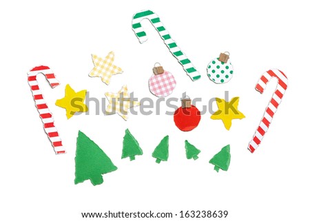 Sugar candy canes, stars, baubles and Christmas Trees.Part of a series of Christmas Themed, Paper torn ornaments.