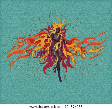 Applique felt and embroidery hand-made style illustration of a dancing fire goddess