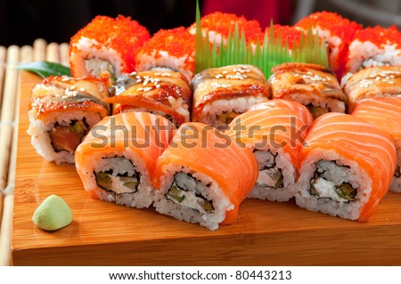 Japanese sushi  traditional japanese food.Roll made of Smoked fish
