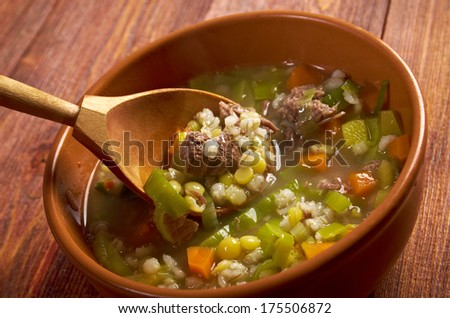 Scotch Broth Soup.farmhouse kitchen.old fashioned thrifty soup made from meat on the bon
