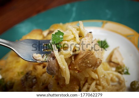 Tetrazzini is an American dish.Spaghetti with chicken, mushrooms and fresh grated parmesan cheese.